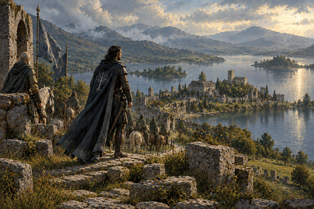 King Elessar overlooking restored Annúminas beside Lake Evendim in the Fourth Age.