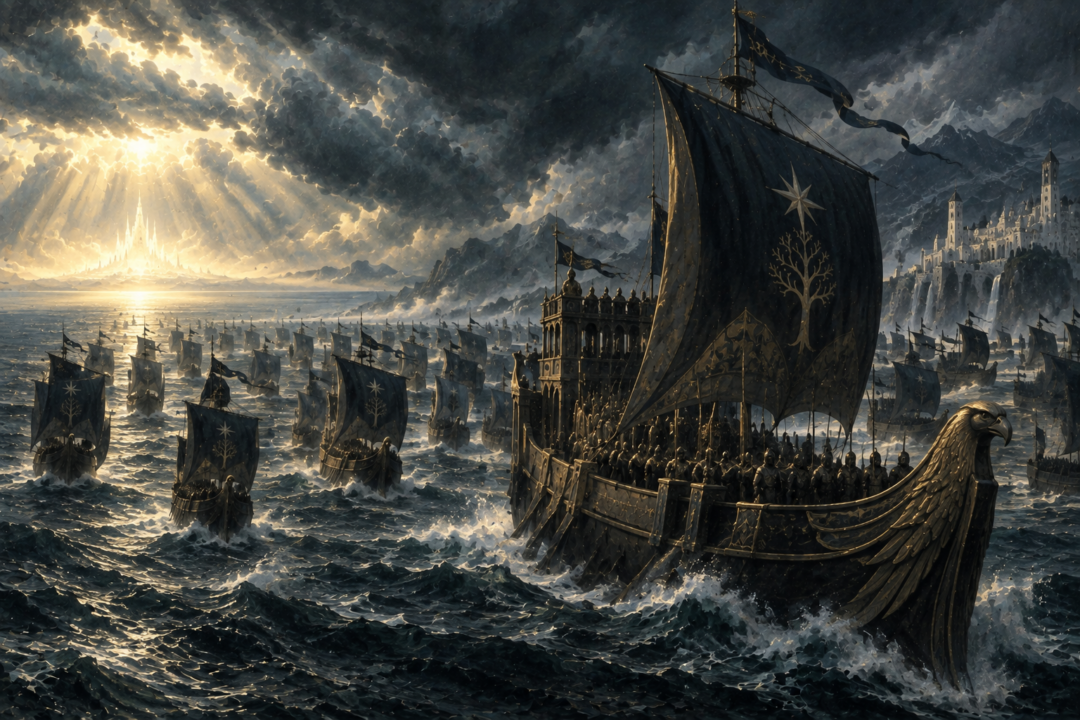 Ar-Pharazôn's immense Númenórean armada sailing west toward Aman in the final rebellion against mortality