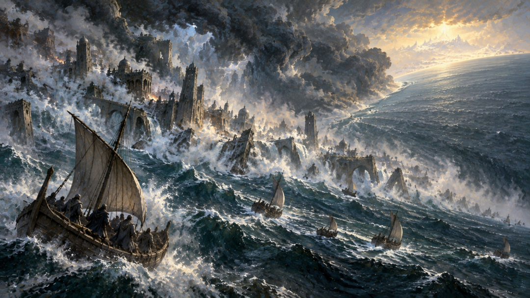 Ar-Pharazôn's Great Armada arriving at the shores of Aman beneath the towering Pelóri at the end of the Second Age