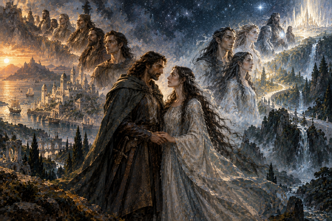 Aragorn and Arwen symbolically reunite the mortal line of Elros and the Elven line of Elrond.