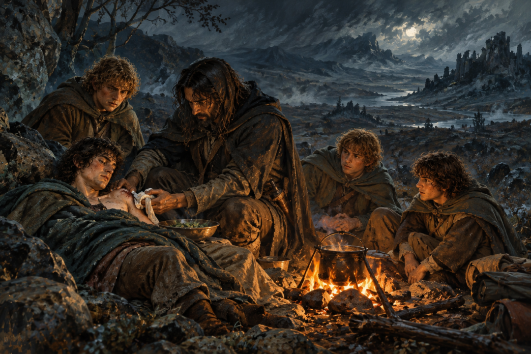 Aragorn using athelas to ease Frodo's Morgul wound during the journey to Rivendell