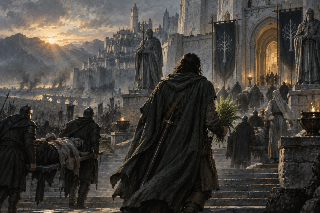 Aragorn carries fresh athelas through Minas Tirith toward the Houses of Healing as dawn breaks after battle.
