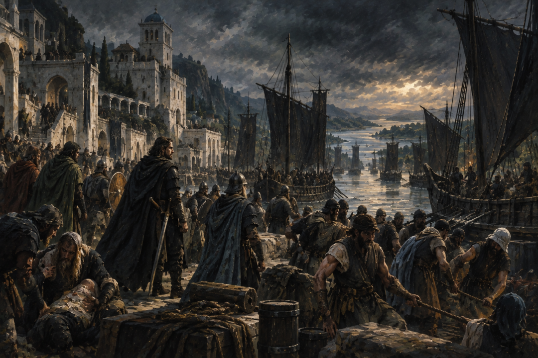Aragorn's captured black-sailed fleet carrying Gondorian reinforcements northward up the Anduin toward Minas Tirith.