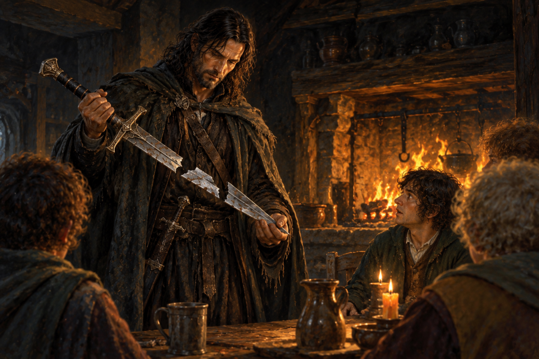 Aragorn revealing the broken blade of Narsil to the hobbits in a dim room at Bree