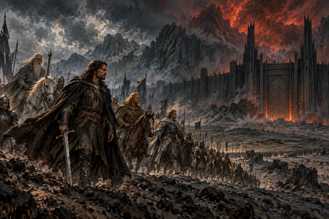 Aragorn leading the Captains of the West toward the Black Gate while still uncrowned