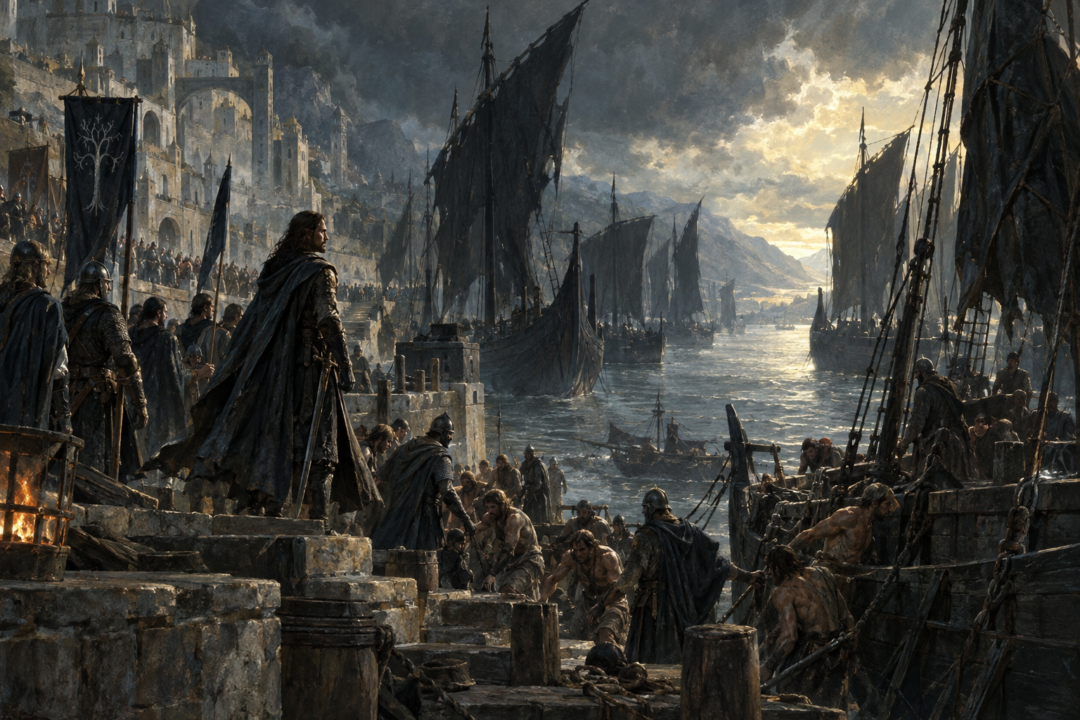 Aragorn and the Grey Company taking possession of the Corsairs' ships at Pelargir after freeing the captives aboard
