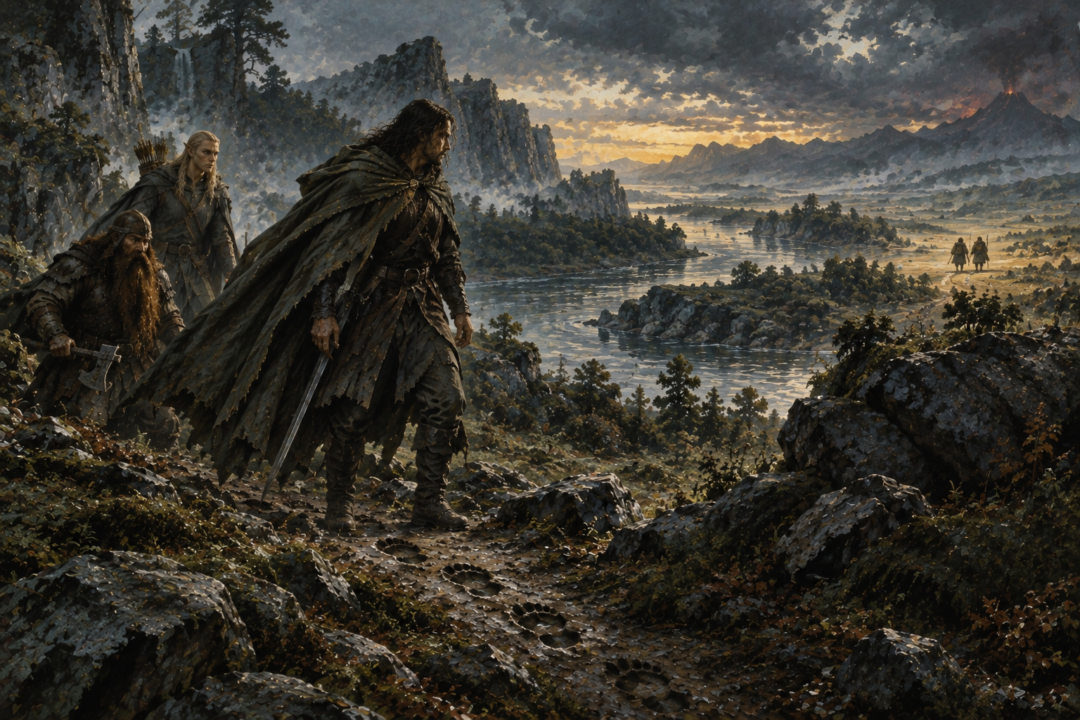 Aragorn, Legolas, and Gimli turn toward the Orc trail while Frodo and Sam continue alone beyond the Anduin.