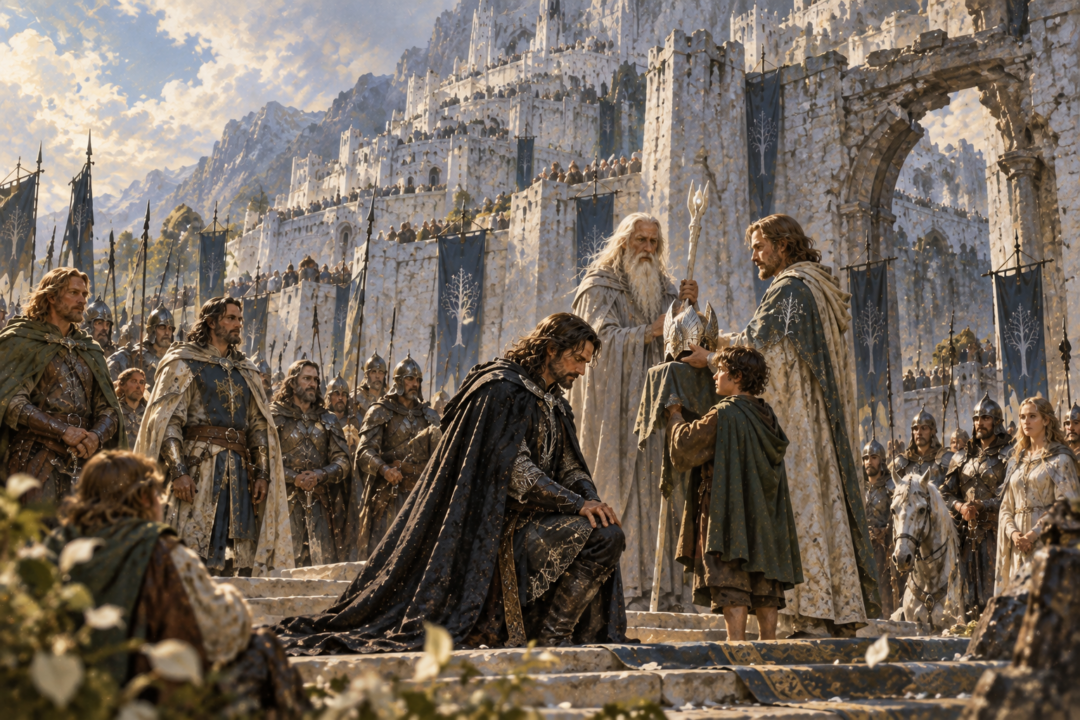 Aragorn kneeling for his coronation before the Great Gate of Minas Tirith with the Captains and people of Gondor assembled
