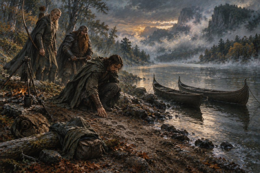 Aragorn, Legolas, and Gimli discover footprints and a missing boat showing that Frodo and Sam crossed the Anduin.