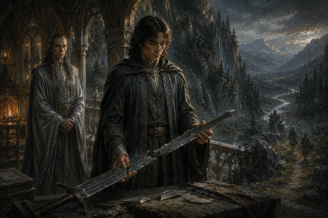 Aragorn confronting his true inheritance beside Elrond and the broken shards of Narsil in Rivendell.