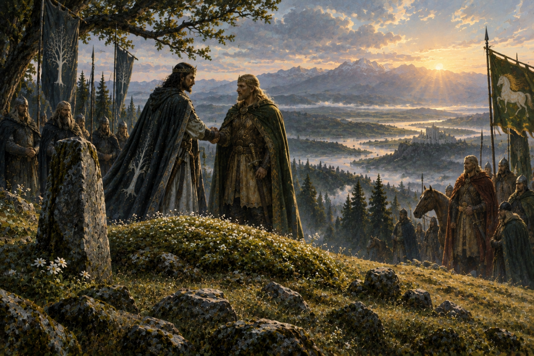 King Elessar and King Éomer renew the historic bond between Gondor and Rohan on Halifirien.