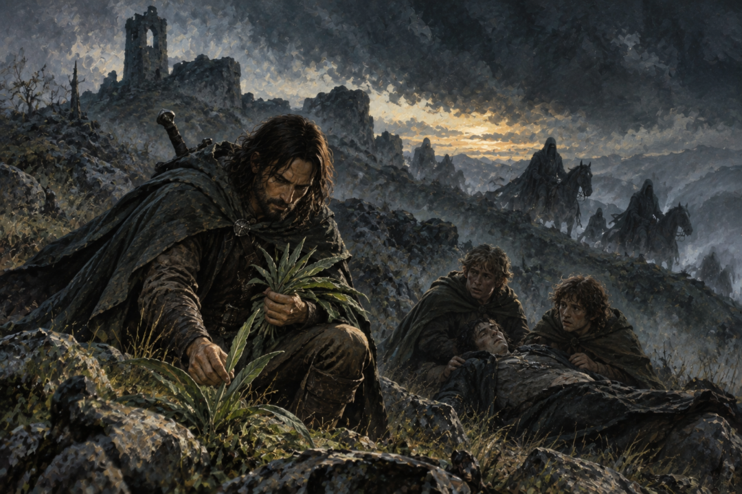 Aragorn gathers athelas in the wild near Weathertop after Frodo is wounded by the Nazgûl.