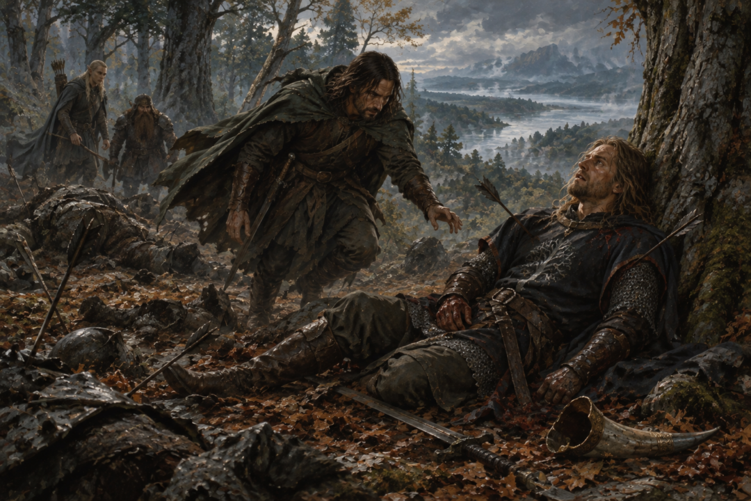 Aragorn finds the mortally wounded Boromir beneath the trees after his defense of Merry and Pippin.