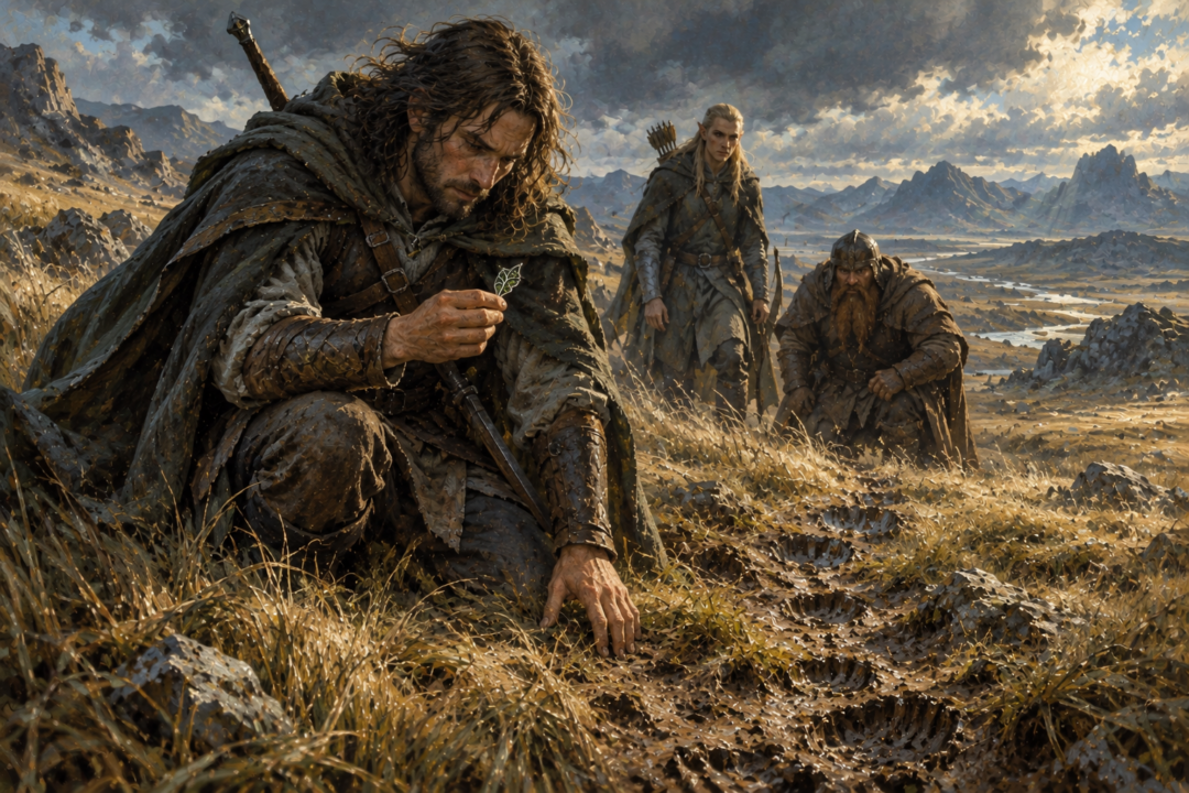 Aragorn examines Pippin’s discarded Elven brooch while tracking the captured hobbits across Rohan.