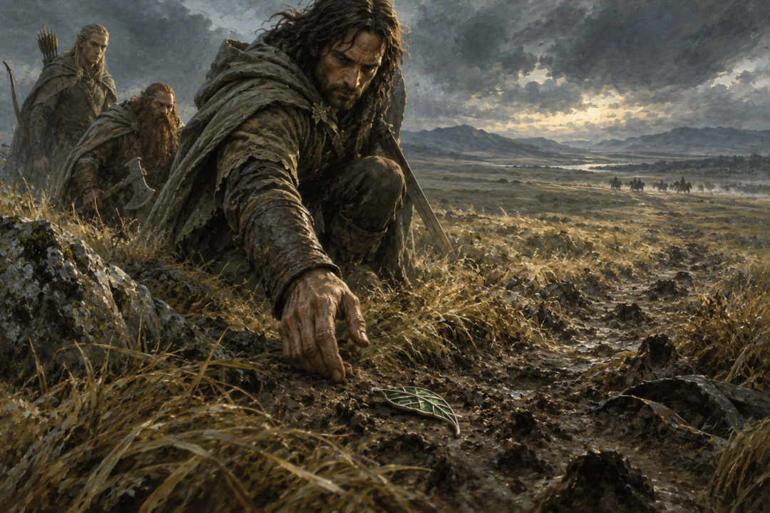 Aragorn discovers Pippin's green and silver Lórien leaf brooch beside the Orc trail across Rohan.