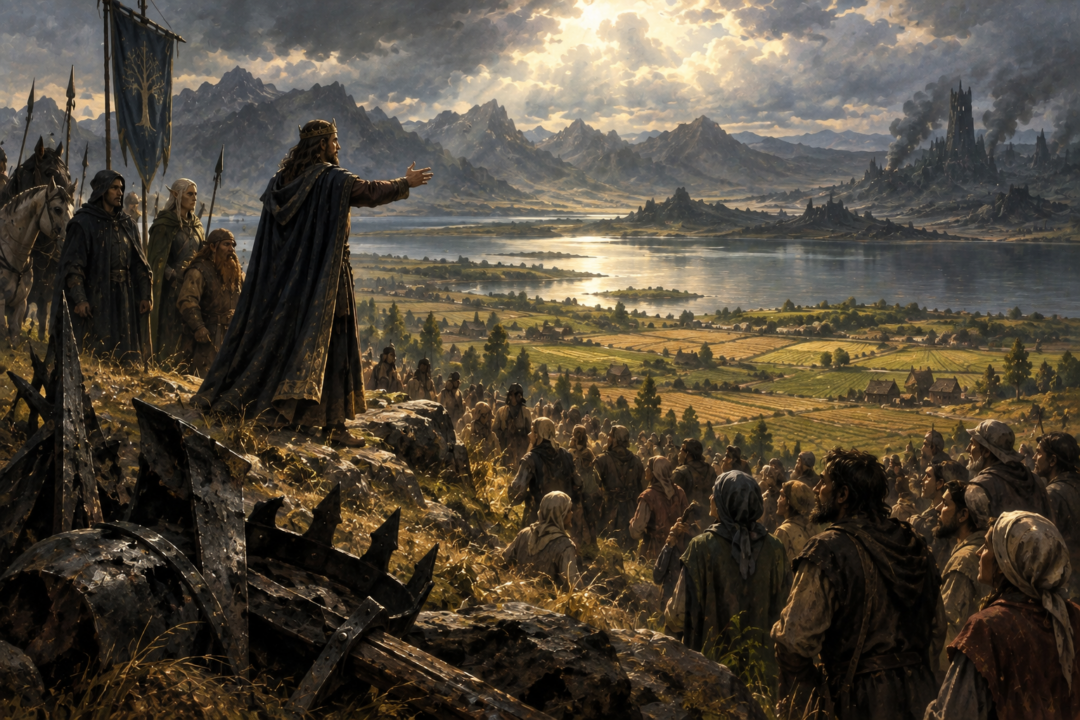 King Elessar overlooking Lake Núrnen as Mordor’s former slaves receive the surrounding lands