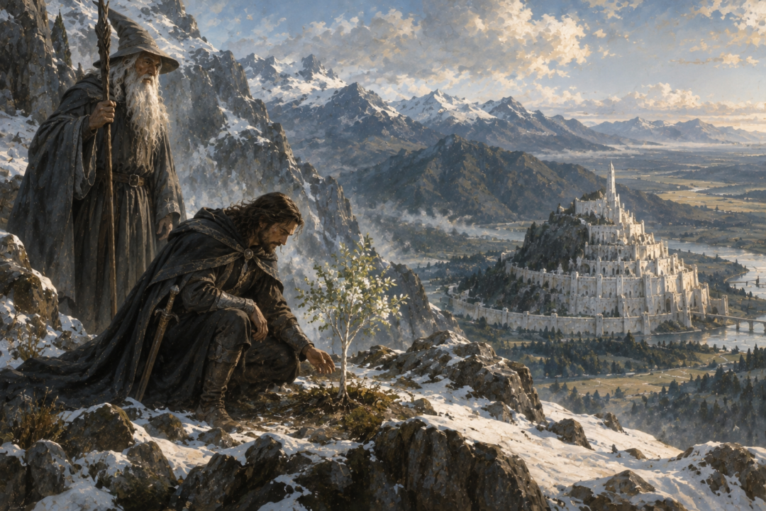 Aragorn and Gandalf discovering the new White Tree sapling on the slopes of Mindolluin