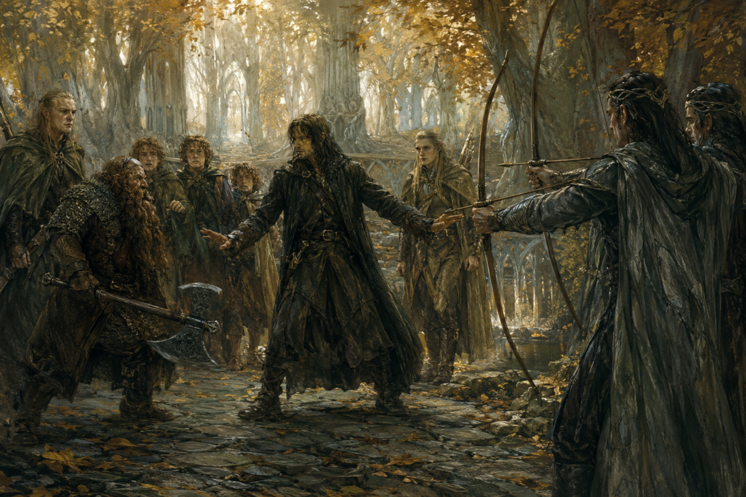 Aragorn intervenes as Gimli and the Elves of Lothlórien nearly come to blows over the blindfold demand.