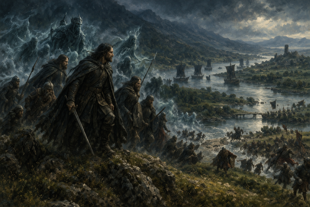 Aragorn and the Grey Company arriving with the oathbreakers at the contested Gilrain crossing near Linhir.