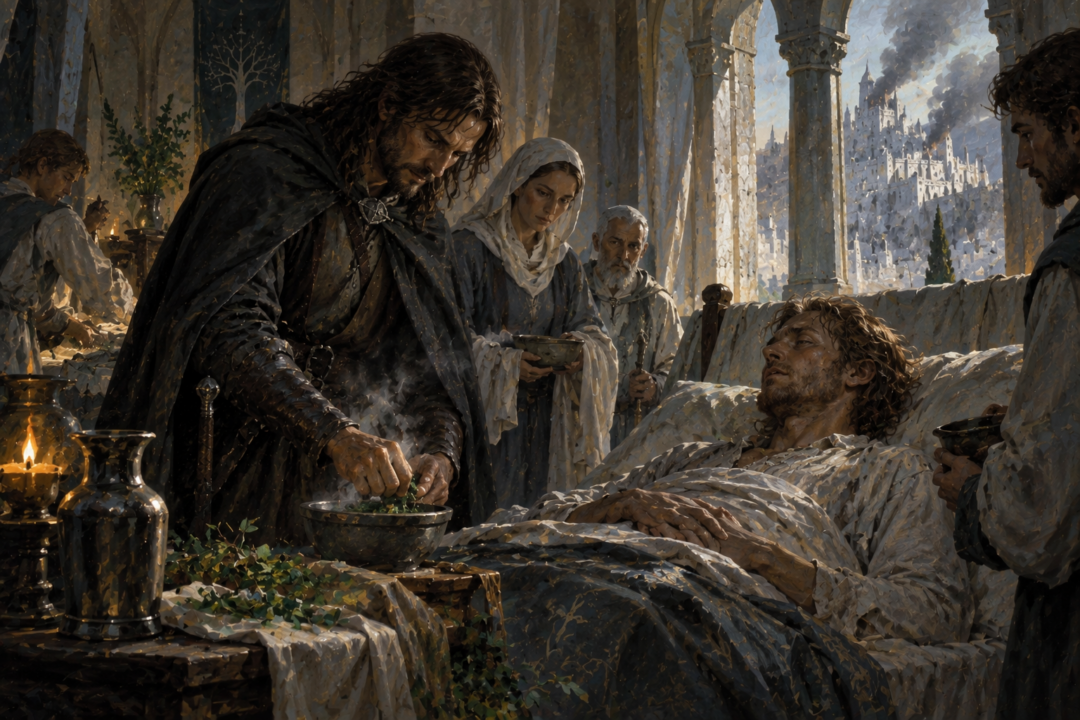 Aragorn tending the fevered Faramir with athelas in the Houses of Healing.