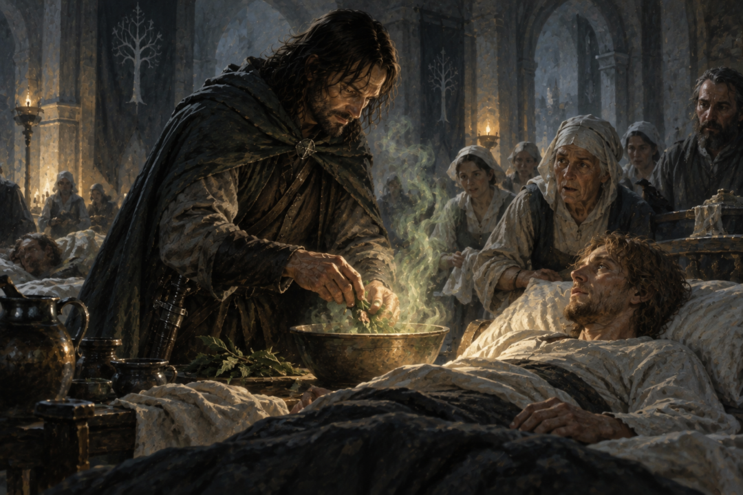 Aragorn uses athelas in steaming water while tending Faramir under the Black Shadow in the Houses of Healing.