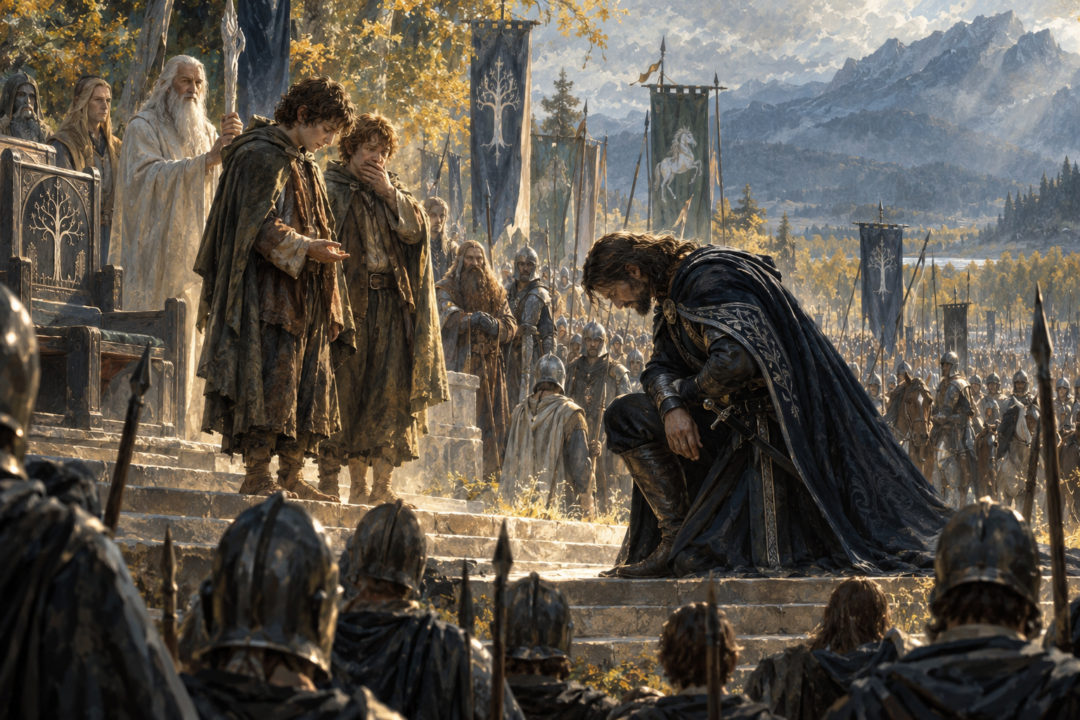 Aragorn bowing before Frodo and Sam as the gathered warriors of the West witness their public honour at Cormallen