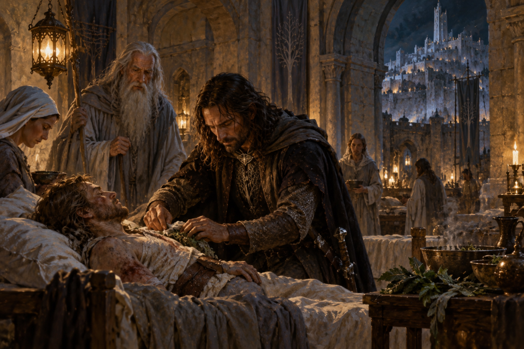 Aragorn tending the wounded Faramir in the Houses of Healing before claiming the kingship