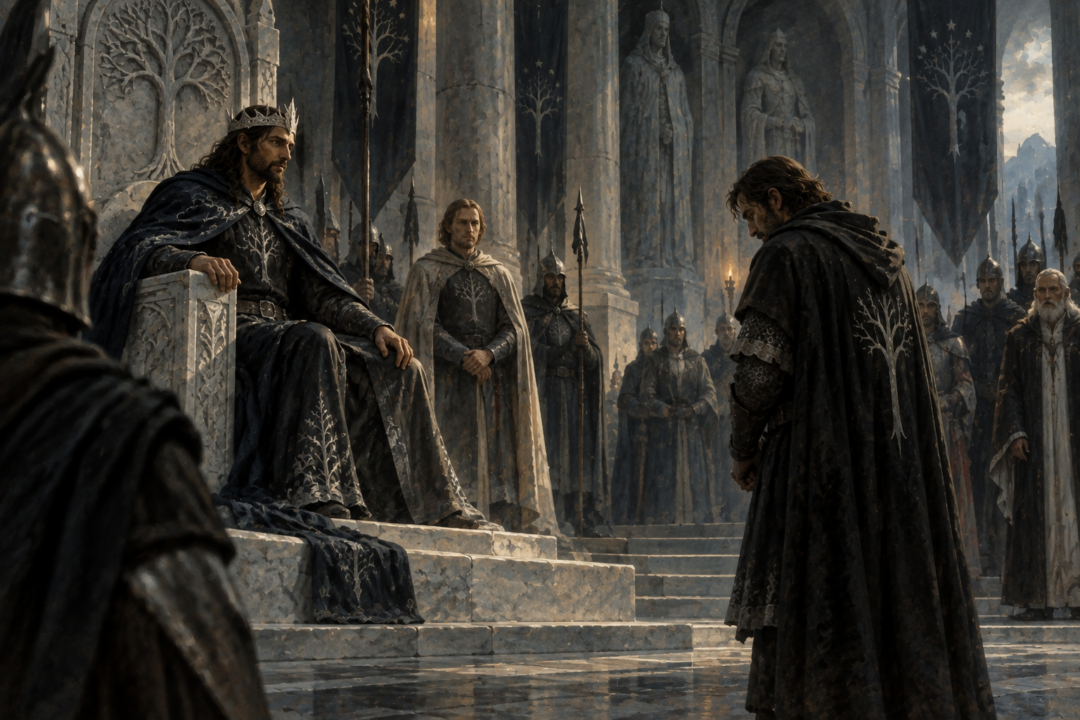 King Aragorn judging Beregond in the Hall of the Kings after the War of the Ring