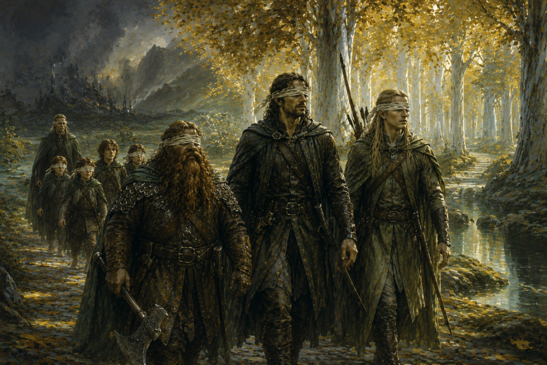 Aragorn walks between blindfolded Legolas and Gimli as the Fellowship shares the same burden in Lothlórien.
