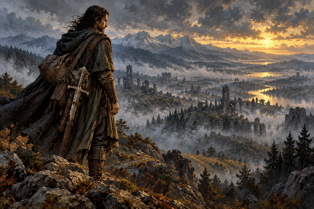Aragorn carrying the broken Narsil through the northern wilderness where the kingdom of Arnor once stood