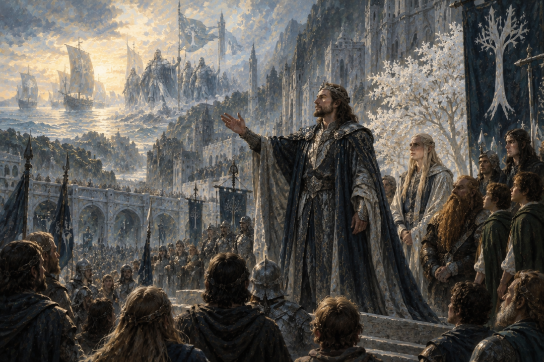 Aragorn using the ancient Quenya formula of Elendil during his coronation in Minas Tirith