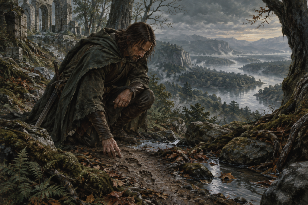 Aragorn follows Frodo's faint hobbit footprints beside a spring on the wooded slopes of Amon Hen.