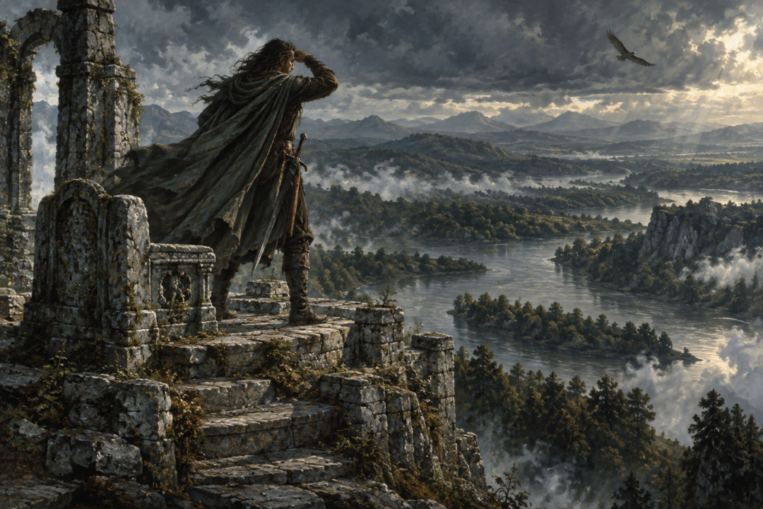 Aragorn searches the distant landscape from the ancient Seat of Seeing on Amon Hen.