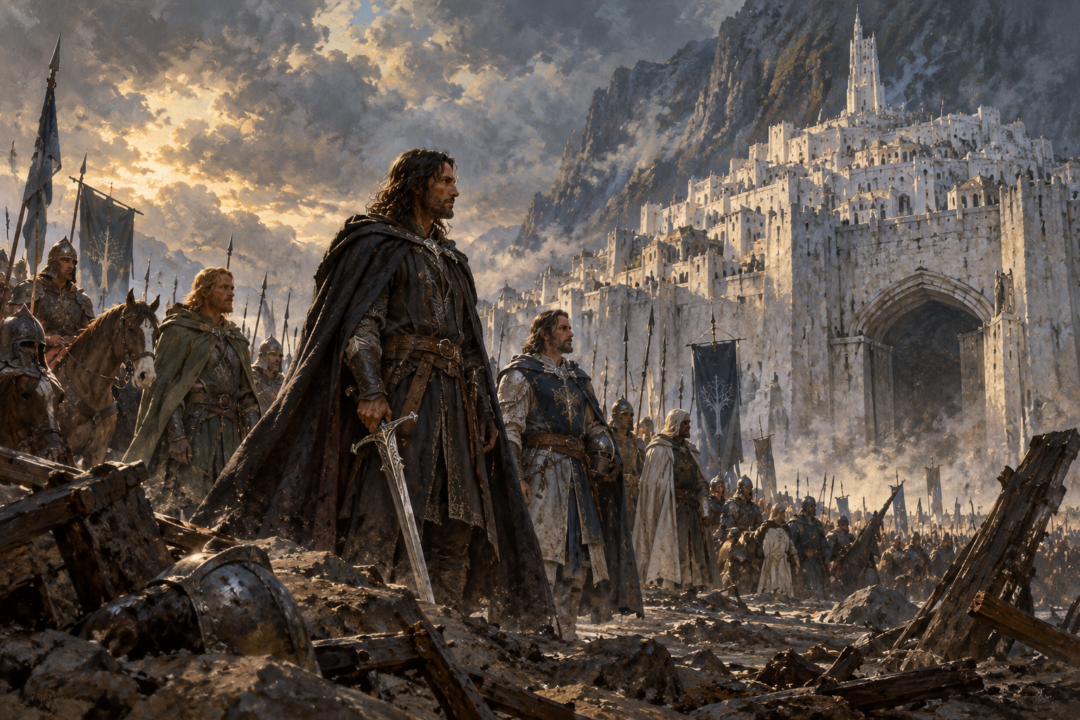 Aragorn waiting uncrowned outside Minas Tirith after the Battle of the Pelennor Fields