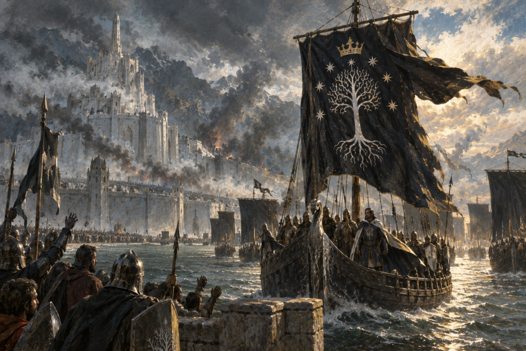 Aragorn's standard with the White Tree, Seven Stars and crown unfurling from the foremost ship at the Pelennor Fields