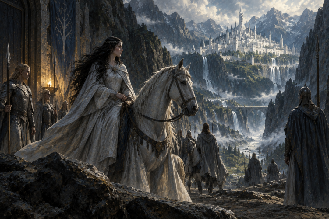 Aredhel preparing to leave Gondolin with Elven companions beneath the Encircling Mountains
