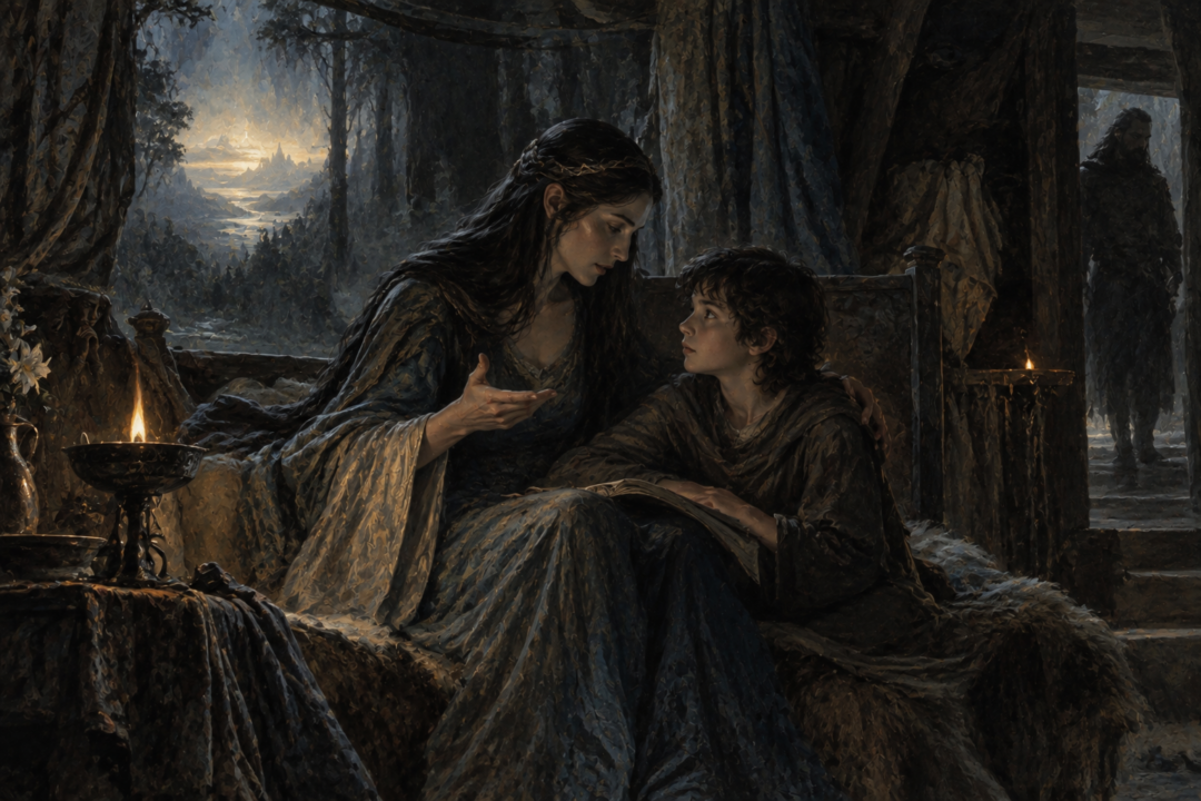 Aredhel privately teaching young Maeglin the Quenya language in the shadowed woods of Nan Elmoth