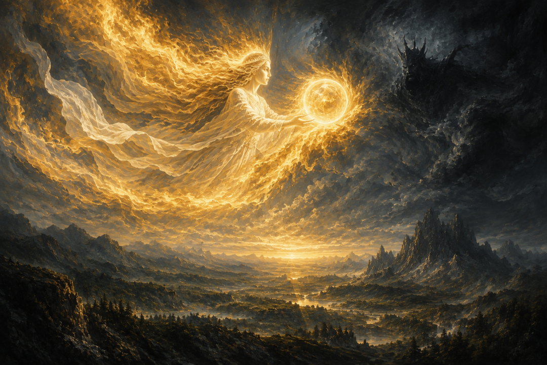 Arien guiding the radiant vessel of the Sun across the heavens above early Middle-earth