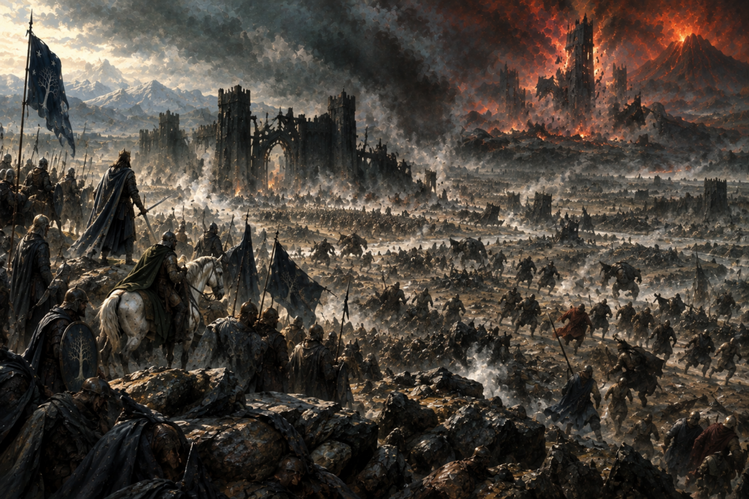 The organized Host of the West faces the fragmented armies of Mordor after Sauron's destruction at the Battle of the Morannon.