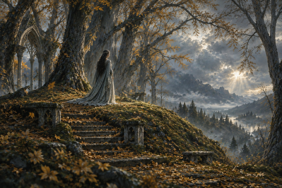 Arwen stands alone on Cerin Amroth in the deserted Lothlórien of the Fourth Age after Aragorn's death.
