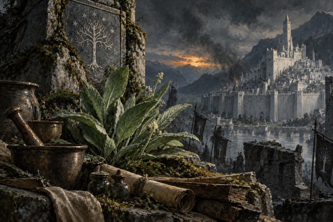 Athelas grows beside weathered Númenórean stone with Minas Tirith in the distance, symbolizing Gondor's forgotten healing lore.