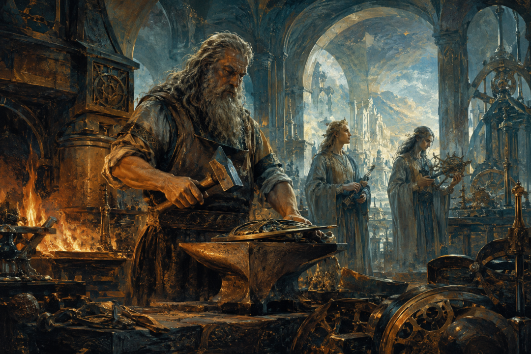 Aulë in his ancient forge with two Maiar observing his works of craft, symbolizing how service shapes knowledge without determining moral choice.