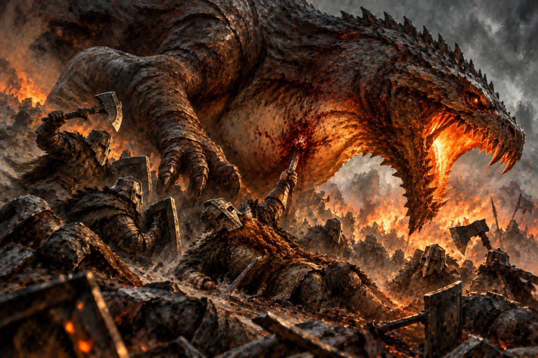 Azaghâl of Belegost strikes Glaurung in the belly after being brought down beneath the dragon during the Nirnaeth Arnoediad.