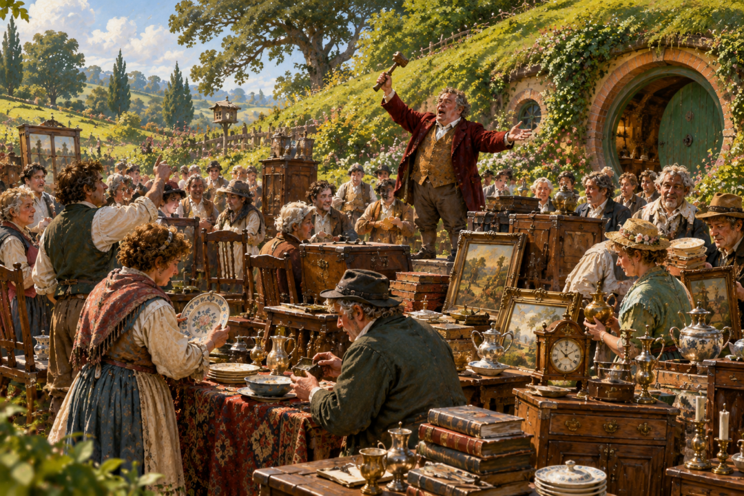 Hobbit buyers inspect furniture and household goods during the public auction of Bilbo Baggins's possessions at Bag End.