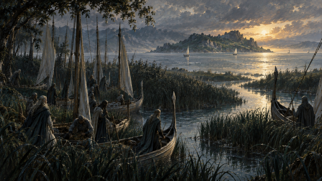 Elven ships hidden among the reeds at the Mouths of Sirion with the Isle of Balar across the bay.