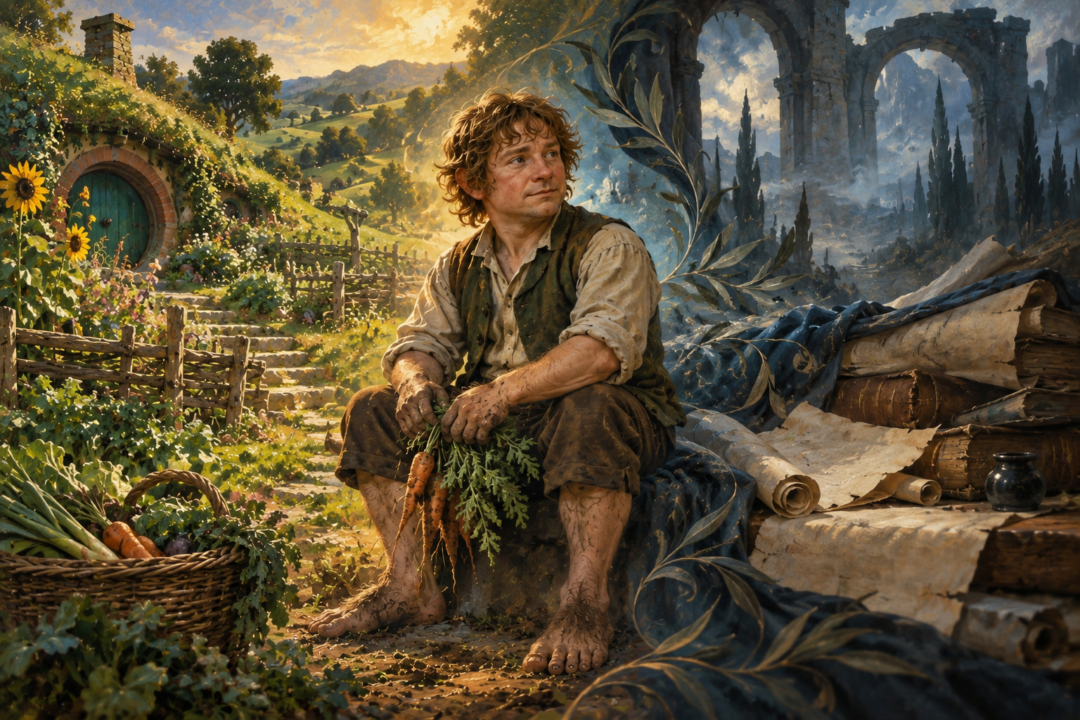 A symbolic portrait of Samwise showing the same hobbit identity across Westron and translated Shire cultural settings.