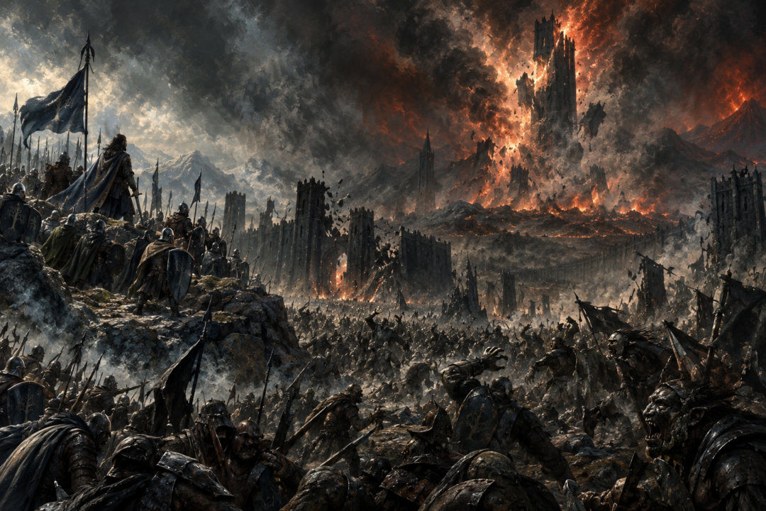 Barad-dûr and the fortifications of the Black Gate collapse as Sauron's forces lose cohesion at Morannon.