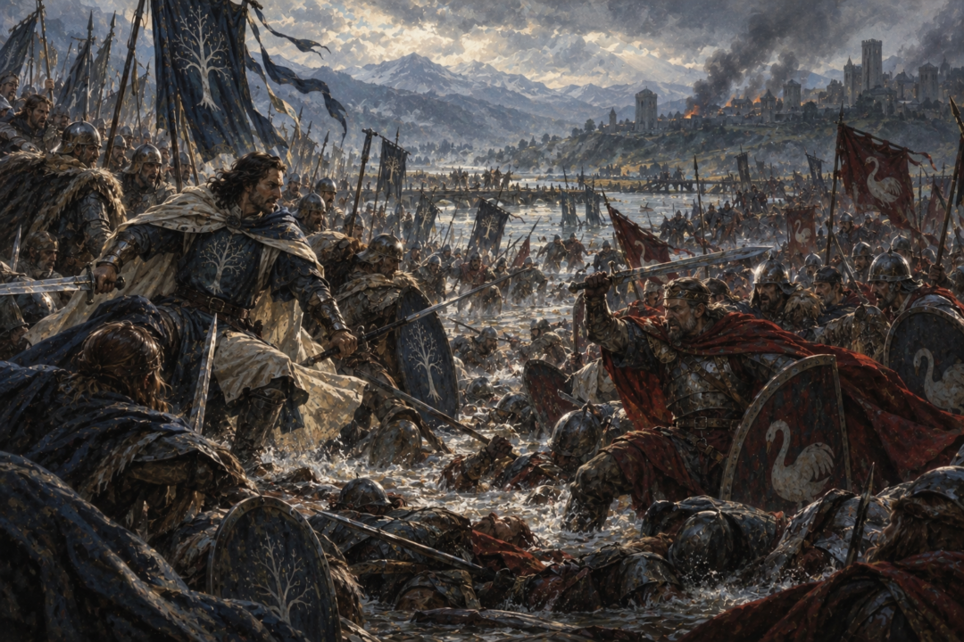 Eldacar's loyalists and Castamir's forces fighting at the Crossings of Erui during the Kin-strife.