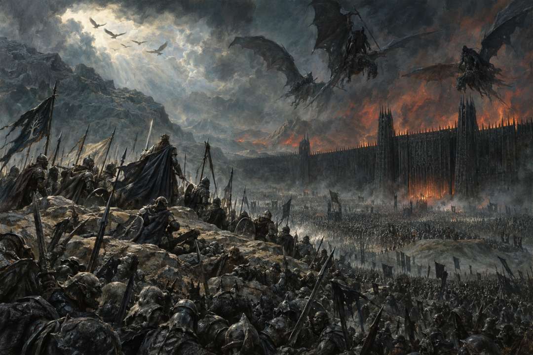 The Host of the West surrounded before the Black Gate as the Eagles approach the Battle of the Morannon.