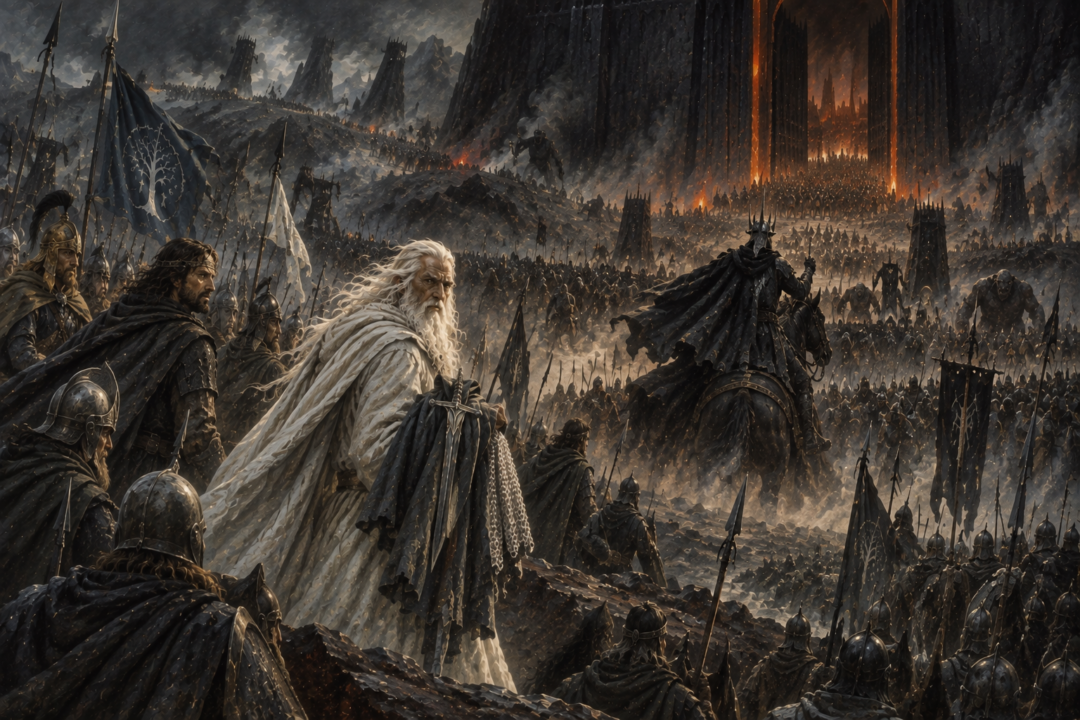 The Mouth of Sauron retreats toward the opening Black Gate as Gandalf and Aragorn prepare for the overwhelming armies of Mordor.